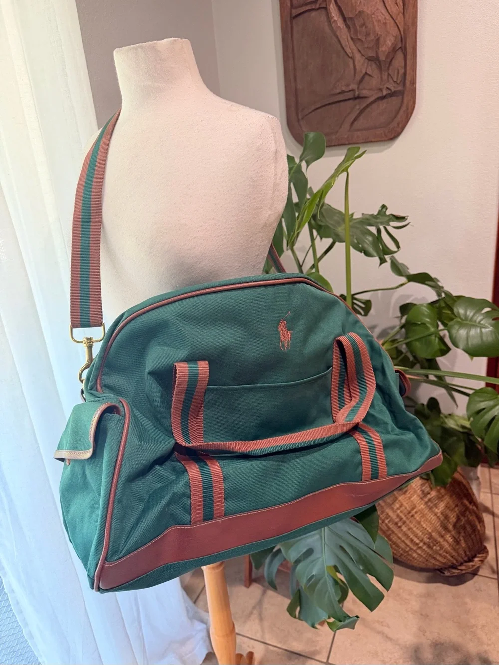 Polo Ralph Lauren Green Canvas Duffle Bag Leather Trim